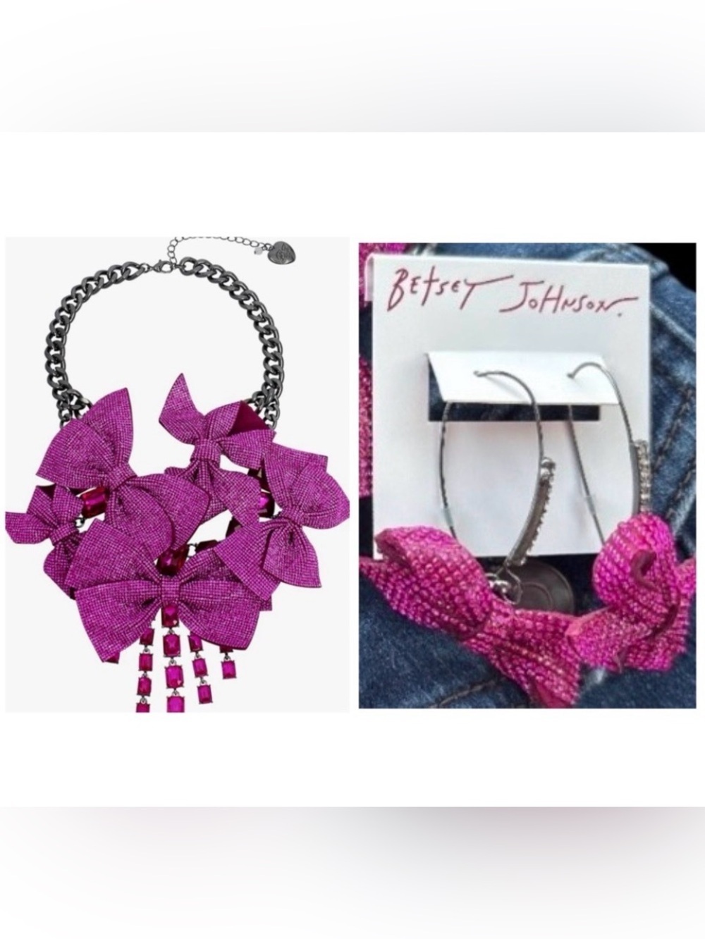 BETSEY JOHNSON SET Pink Pavé & Crystals Statement Bow Necklace & Earrings NWT